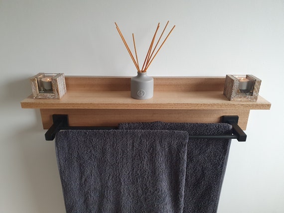 70cm Tasmanian Oak Bathroom Shelf With 60cm Matt Black Towel Rack. Bathroom  Shelf. Towel Rail. Floating Bathroom Shelf. 