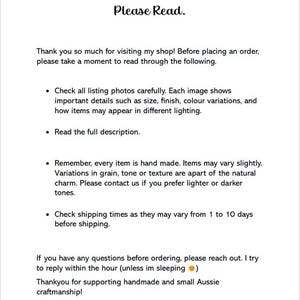 May include: White paper with black text titled "Important Information Please Read." The text provides details about handmade items, variations, and shipping times. It also includes a thank you message and contact information.