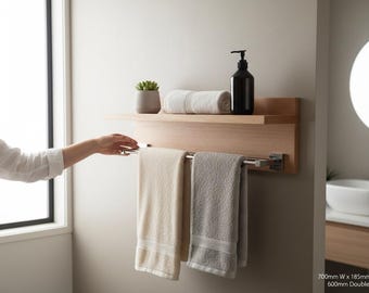 Tasmanian Oak Bathroom 70cm or 100cm Shelf with Dual Chrome Towel Rail