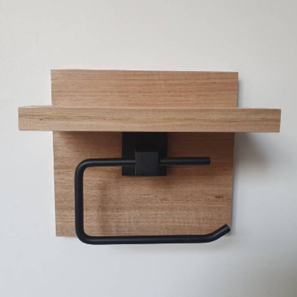 Toilet Roll Holder, Tasmanian Oak, Matt Black, Phone Holder. Timber shelf. Gift idea. Australian Made. Kaidan Designs. Premium