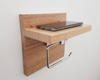 Toilet Roll Holder, Tasmanian Oak, Chrome Holder, Phone Holder. Toilet roll holder with shelf. Timber Shelf. Gift idea.  Australian Made.