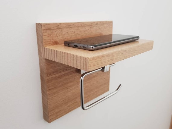Tasmanian Oak Chrome Toilet Roll Holder with Shelf | Timber Bathroom Décor