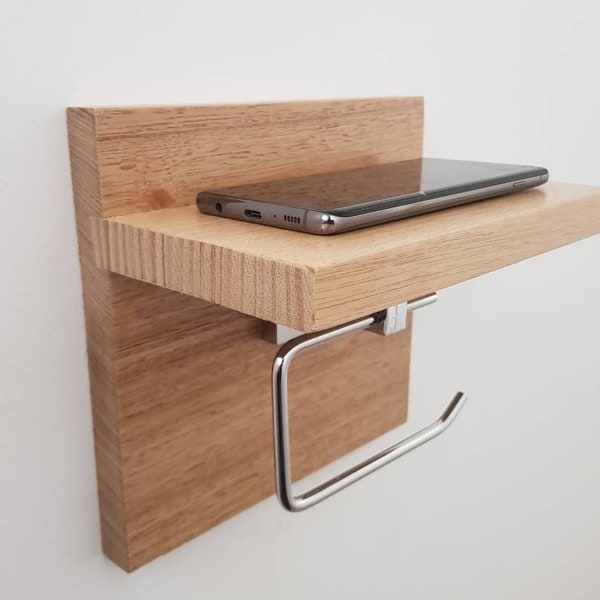 Tasmanian Oak Chrome Toilet Roll Holder with Shelf | Timber Bathroom Décor