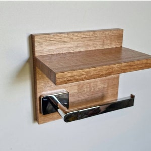 Premium Tasmanian Oak Chrome Toilet Roll Holder with Shelf. Australian Made. Gift Idea