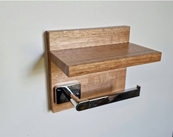 Premium Tasmanian Oak Chrome Toilet Roll Holder with Shelf. Australian Made. Gift Idea