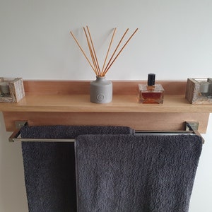 100cm Australian made Tasmanian Oak Bathroom Shelf with Chrome 90cm Dual Towel Rack. Towel Rail. Kaidan Designs.