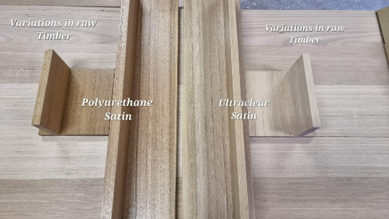 May include: Image showcasing variations in raw timber with two samples. One is treated with Polyurethane Satin, displaying a warm, medium brown hue. The other is treated with Ultraclear Satin, exhibiting a lighter, natural wood tone.