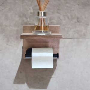 Tasmanian Oak Toilet Roll Holder with Shelf, Black or Chrome, Australian Made