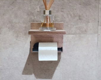 Black or Chrome Toilet Roll Holder with shelf, Tasmanian Oak, Solid Timber. Gift idea. Australian Made.