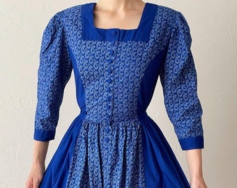 Sukienka bawełniana w stylu vintage | Sukienka midi w stylu retro w kolorze niebieskim | Rzadka sukienka z nadrukiem blokowym z lat 70. | Rozmiar S/M