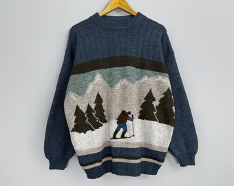 made in Italy Cute mountain snowy landscape knit pullover sz L 80s mint condition