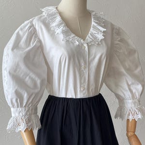 Vintage blouse with laced collar and puff sleeves | Retro style white cotton shirt | Vintage Austrian blouse | free size S/M/L