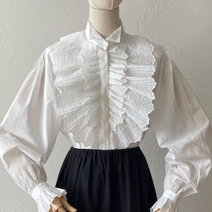 Vintage blouse with frill and cuffs | Retro style white cotton shirt | Vintage Austrian blouse | free size S/M/L