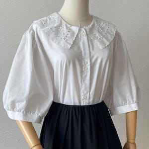 Vintage blouse with puff sleeves and cute laced collar | Retro style white shirt | size L-XXXL