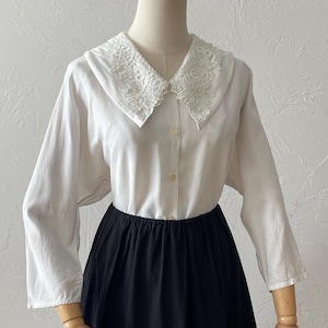 Vintage blouse with romantic collar | Retro style ivory shirt | size XS/S