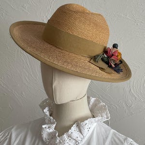 Vintage natural straw hat with flowers | Retro style Feminine style hat | size 54