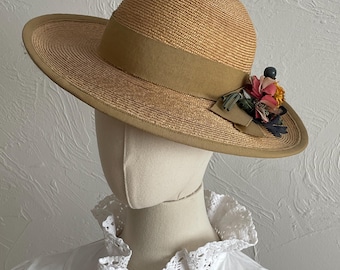 Sombrero vintage de paja natural con flores / Estilo retro Sombrero estilo femenino / talla 54