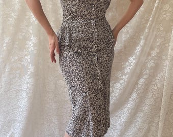 Vestido vintage floral con mangas abullonadas y cintura peplum / Vestido midi de estilo retro / Vestido elegante de corte sastre / Talla XS