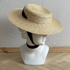 Natürlicher Strohhut im Vintage-Stil mit Samtbändern | Retro Stil Boater Hut | Traditioneller Strohhut Einheitsgröße 54-58