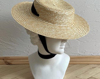 Natürlicher Strohhut im Vintage-Stil mit Samtbändern | Retro Stil Boater Hut | Traditioneller Strohhut Einheitsgröße 54-58