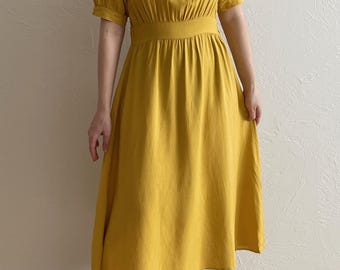 Vestido midi vintage amarillo con mangas abullonadas y lazos / Vestido de lino estilo retro / Vestido romántico mostaza / Talla S/M