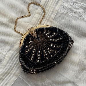 Vintage black and gold evening purse | Retro style Art Deco style beaded handbag | Antique clutch with chain strap