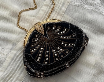 Vintage black and gold evening purse | Retro style Art Deco style beaded handbag | Antique clutch with chain strap