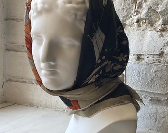 Vintage Japanese style silk scarf | Kimono woman print | Floral blossom square scarf | Black and beige retro accessory