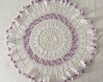 Vintage Crocheted Doily: Handmade White and Purple