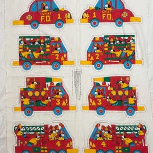 May include: A white fabric panel featuring eight cartoon fire engine designs. Each fire engine is red with yellow and blue accents, and includes the text "CHIEF F.D." and numbers 1 through 4. The words "Fire Engines" are at the top.