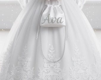 Erste Kommunion Geldbörse Tasche. Personalisiert mit Namen Perlengriff