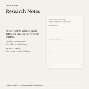 Onderzoeksnotities | Printbare en invulbare PDF | 3 titelstijlen | A4 A5 US Letter