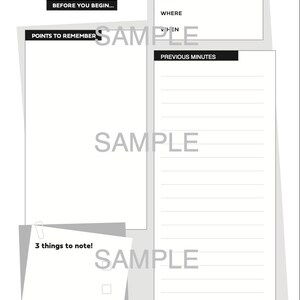 The first page of the meeting minutes template allows you to plan out your meeting, with space for previous minutes, your key points to remember your goals for the meeting.