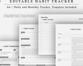 Printable Daily/Monthly Habit Tracking Template (A4 PDF, 4 Pages) - Habit Tracker, Habit Formation, Habit Patterns, Instant Download