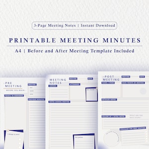 Printable Meeting Minutes Template (A4 PDF, 3 Pages) - Meeting Minutes Template, Meeting Notes, Meeting Agenda