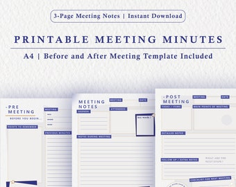 Printable Meeting Minutes Template (A4 PDF, 3 Pages) - Meeting Minutes Template, Meeting Notes, Meeting Agenda