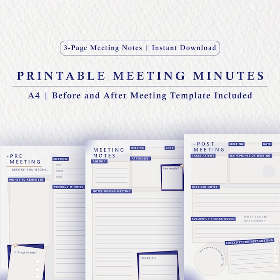 Printable Meeting Minutes Template (A4 PDF, 3 Pages) - Meeting Minutes Template, Meeting Notes, Meeting Agenda