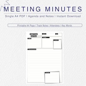 Printable Meeting Minutes Template (A4 PDF, Single Page) - Meeting Minutes Template, Meeting Notes, Meeting Agenda