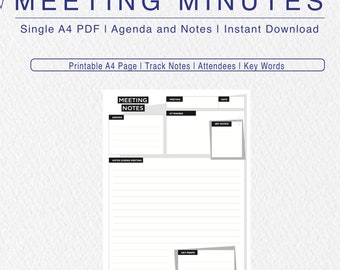 Printable Meeting Minutes Template (A4 PDF, Single Page) - Meeting Minutes Template, Meeting Notes, Meeting Agenda