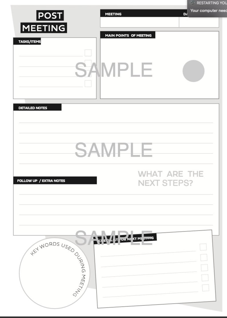 The last page of the meeting minutes template allows you to further analyse your minutes from the meeting, with space for tasks, follow up and a checklist for the next meeting.