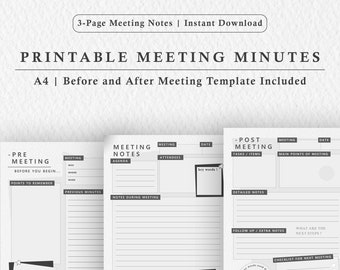 Printable Meeting Minutes Template (A4 PDF, 3 Pages) - Meeting Minutes Template, Meeting Notes, Meeting Agenda Black/White