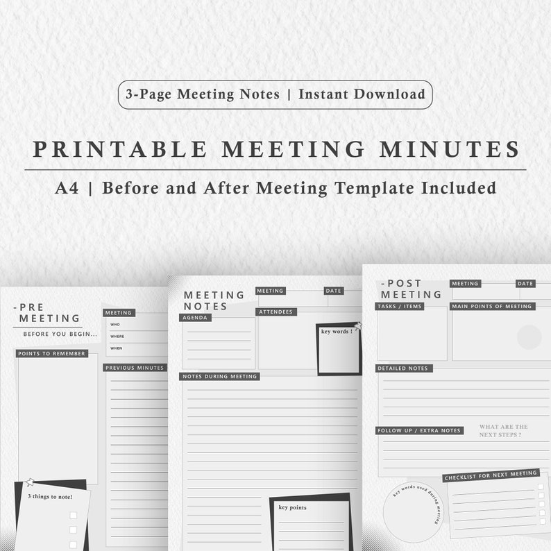 May include: Printable meeting minutes template in black and white. The template includes sections for pre-meeting, meeting notes, and post-meeting. The template is designed for A4 paper.