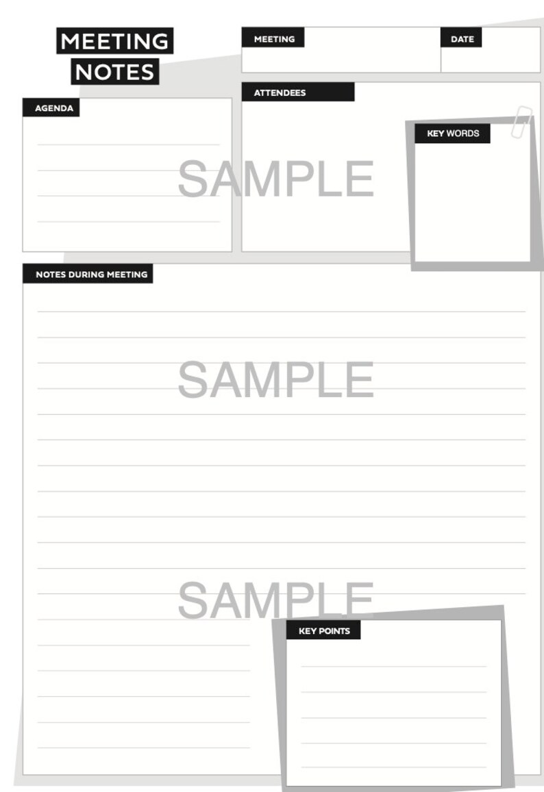 The second page of the meeting minutes template allows you to record the minutes of your meeting, with space for tasks, attendees, follow up and detailed notes of the meeting.