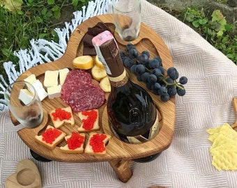 Wine table Heart - Christmas gift idea - Wooden snack table with wine bottle and glass holder for 2