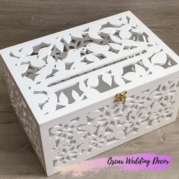 Wedding card box with lock - Wedding post box Birds in love - Wishing well box wedding - Card box for wedding