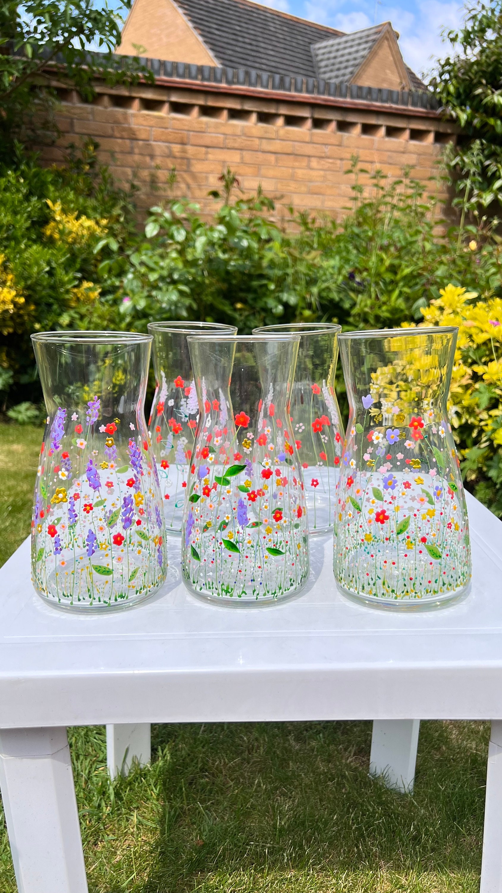 Hand painted flower garden vase, glass floral carafe, can be personalised, wedding gift, birthday, housewarming, anniversary, mother’s day