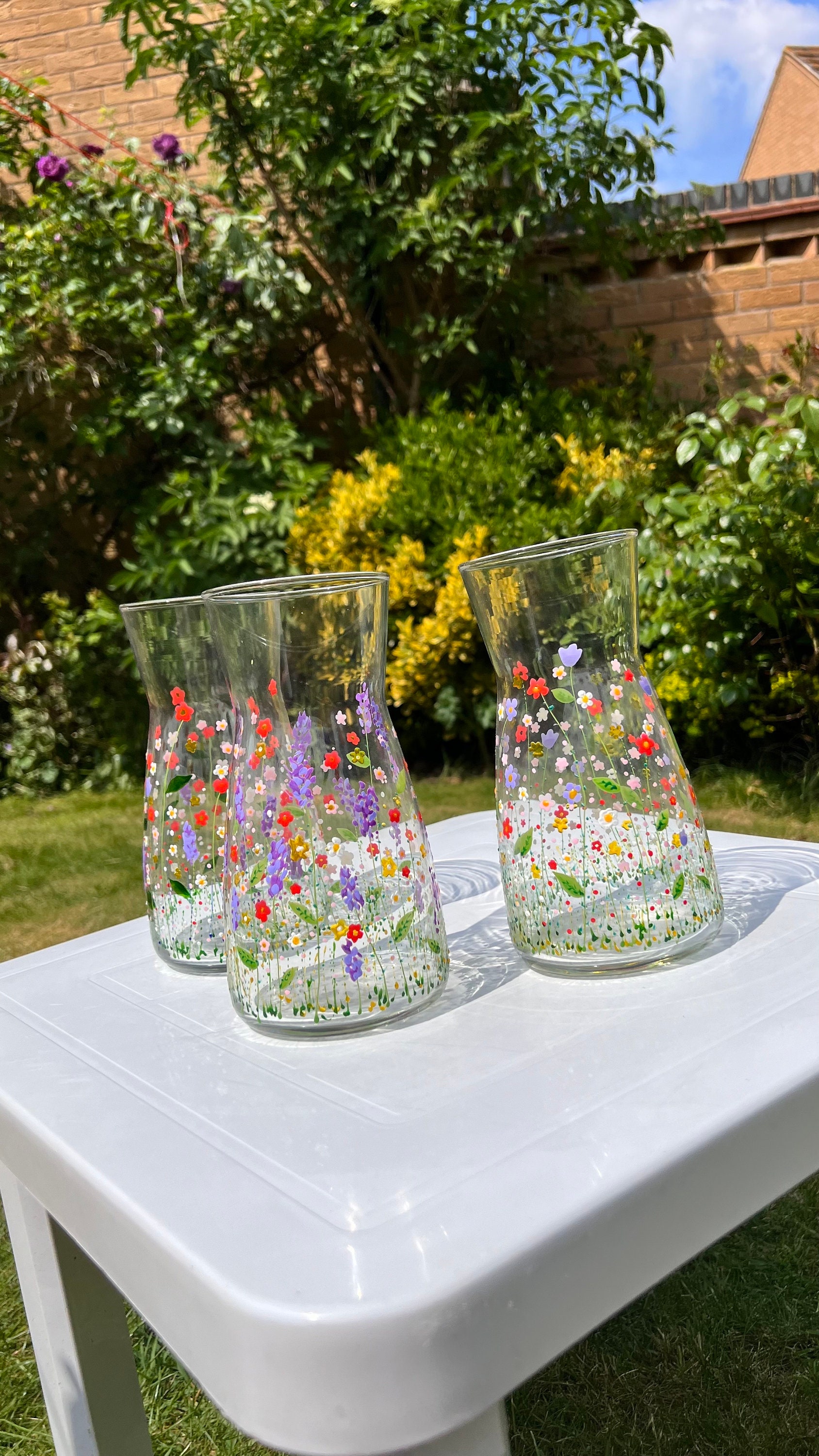Hand painted flower garden vase, glass floral carafe, can be personalised, wedding gift, birthday, housewarming, anniversary, mother’s day