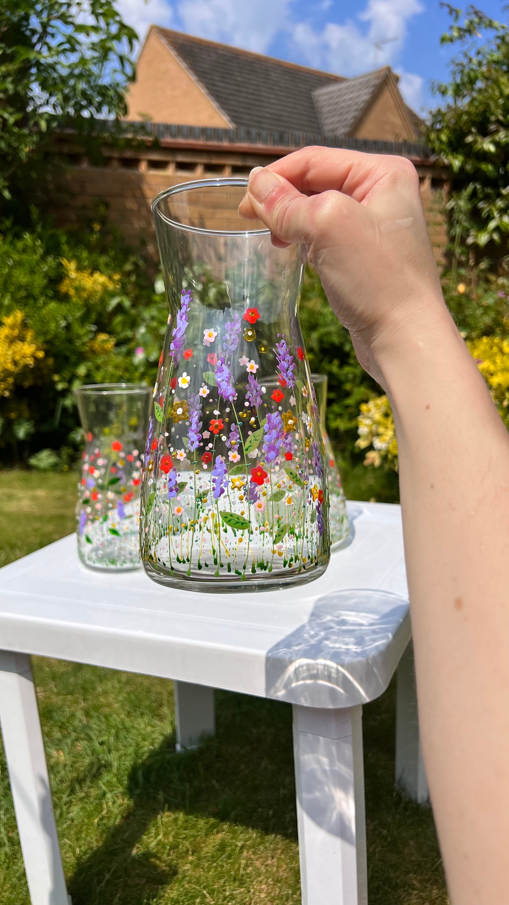 Hand painted flower garden vase, glass floral carafe, can be personalised, wedding gift, birthday, housewarming, anniversary, mother’s day