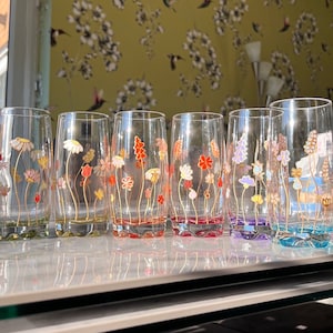 dishwasher safe handpainted glass tumblers, colorful drinking glass, unique housewarming birthday gift for mom, cocktail floral cheerful gif