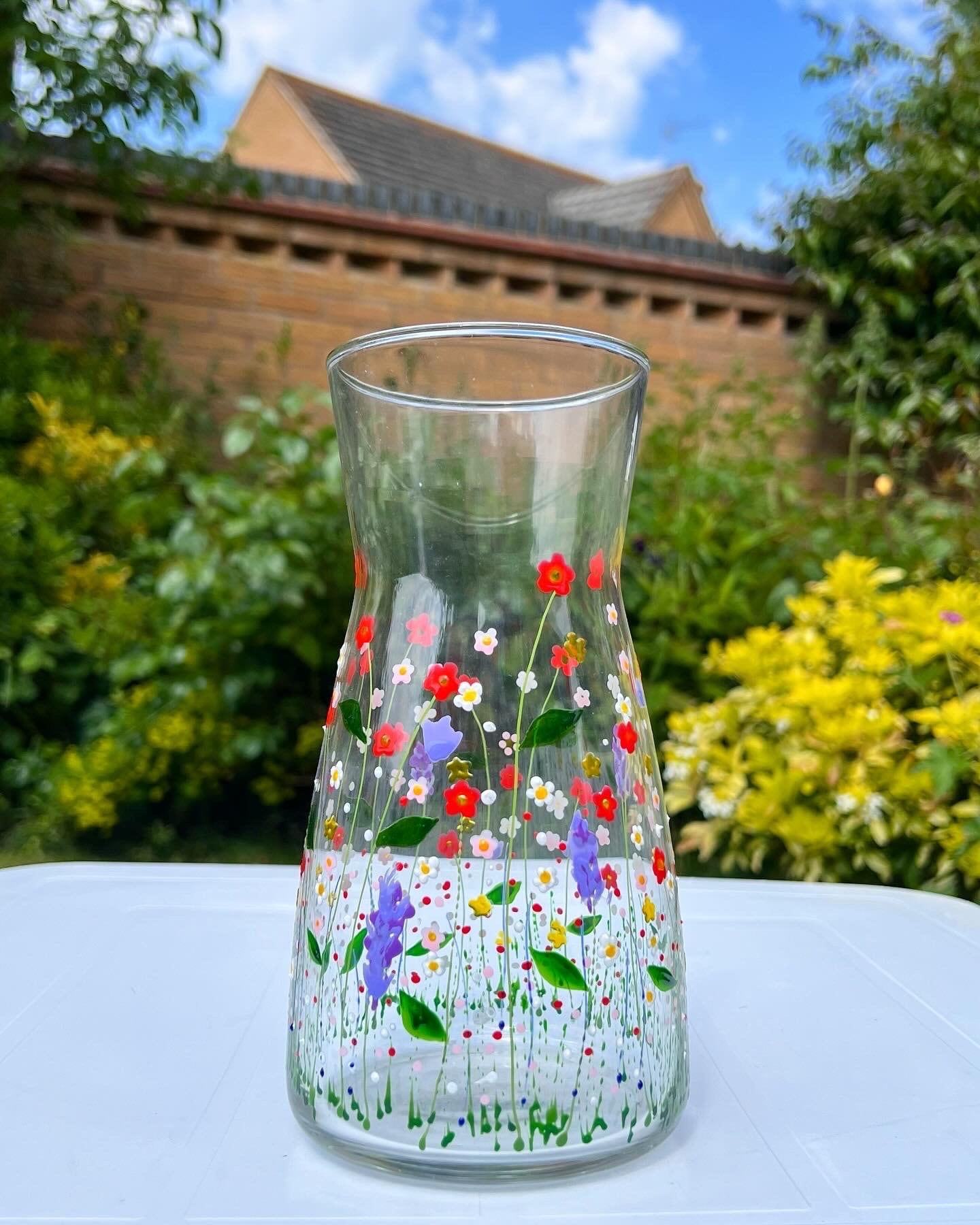 Hand painted flower garden vase, glass floral carafe, can be personalised, wedding gift, birthday, housewarming, anniversary, mother’s day
